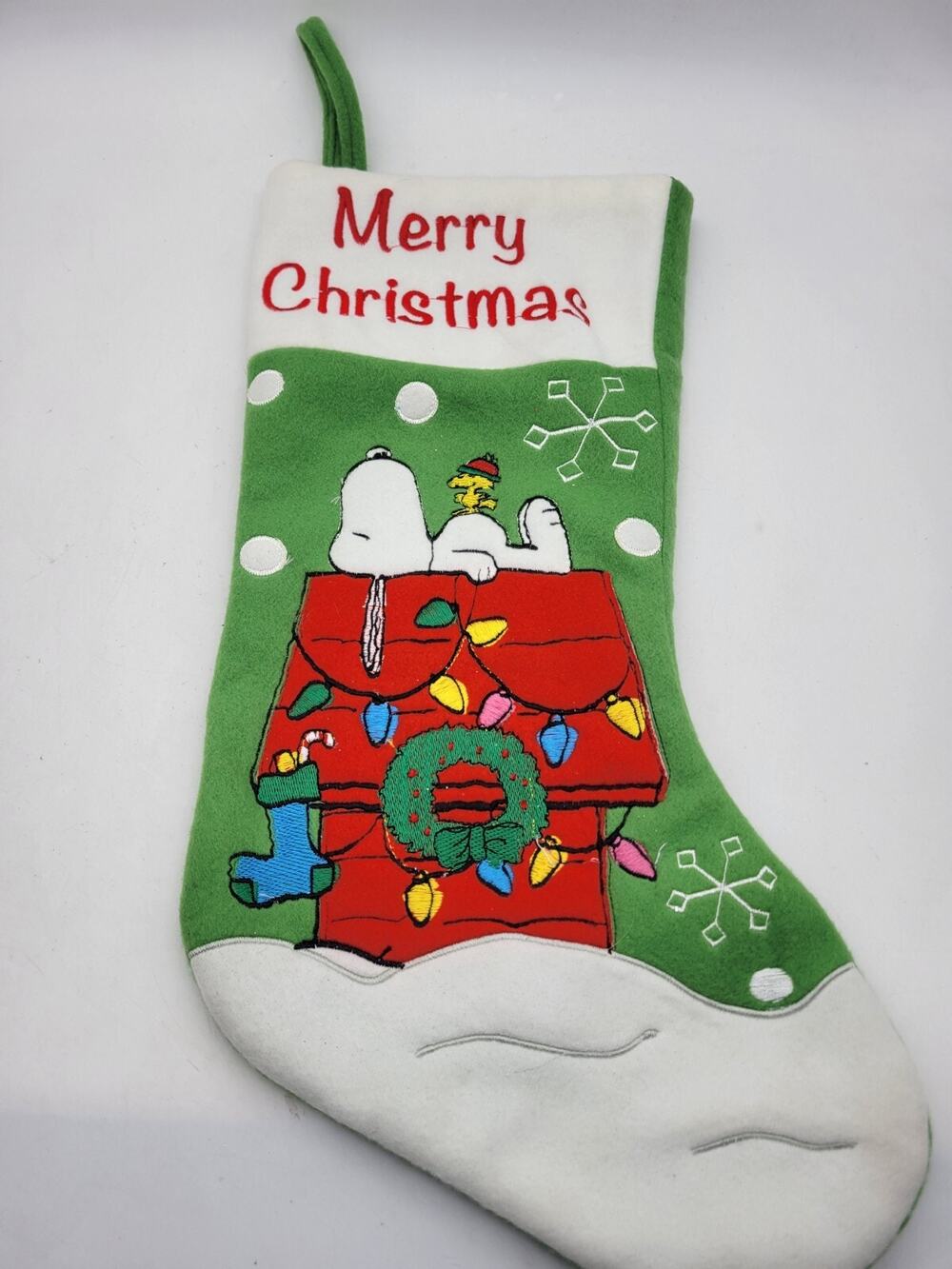 Peanuts Snoopy Woodstock Merry Christmas Hanging Green Felt Stocking 18"